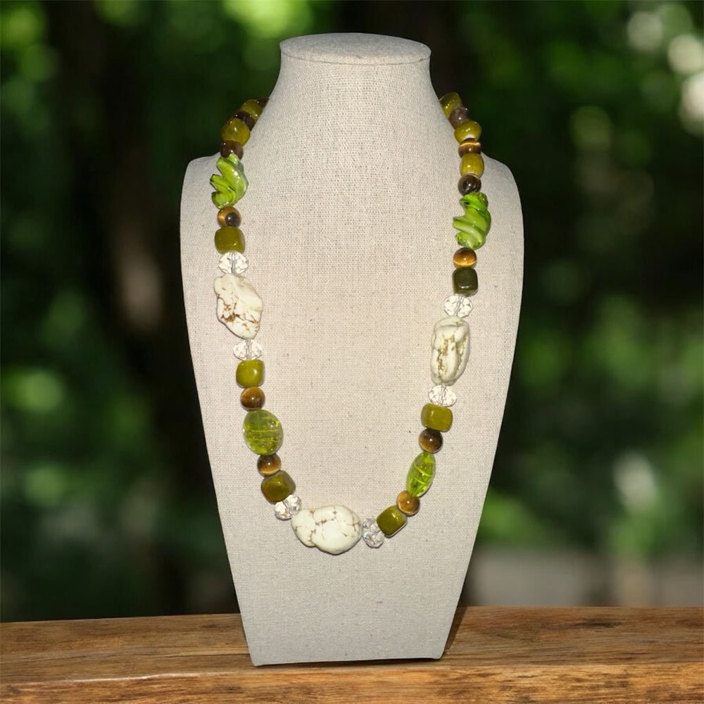 22” Olive Opal, Tiger’s Eye, Lampwork Glass & Crystal Beaded Statement Necklace
